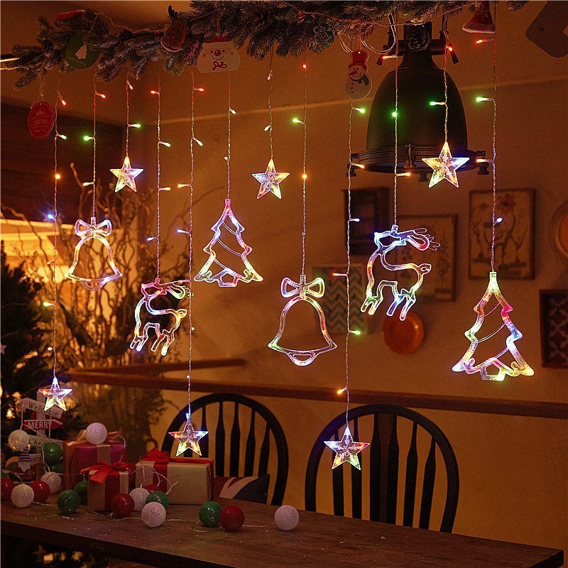 Christmas Window Lights, Pack Hanging Star Lights 8 Modes with Timer, LED Christmas Star Decorations Color Light String Star Moon Curtain Light
