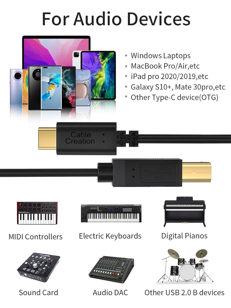 USB B to USB C Printer Cable 6.6FT, Type B to Type C Printer Cord for Macbook Pro, Air, MIDI Cable for Yamaha Casio Digital Piano, MIDI Keyboard, DJ Controller, DAC to Ipad - 2M, Black