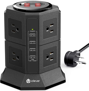 Power Strip Tower Gaming Surge Protector -  8 AC Outlets 4.5A 4 USB Ports Desktop Charging Station with 10Ft Extension Cord for PC Laptops Iphone Mobile Device Home Office (Black)