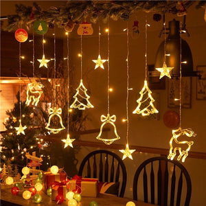 Christmas Window Lights, Pack Hanging Star Lights 8 Modes with Timer, LED Christmas Star Decorations Color Light String Star Moon Curtain Light
